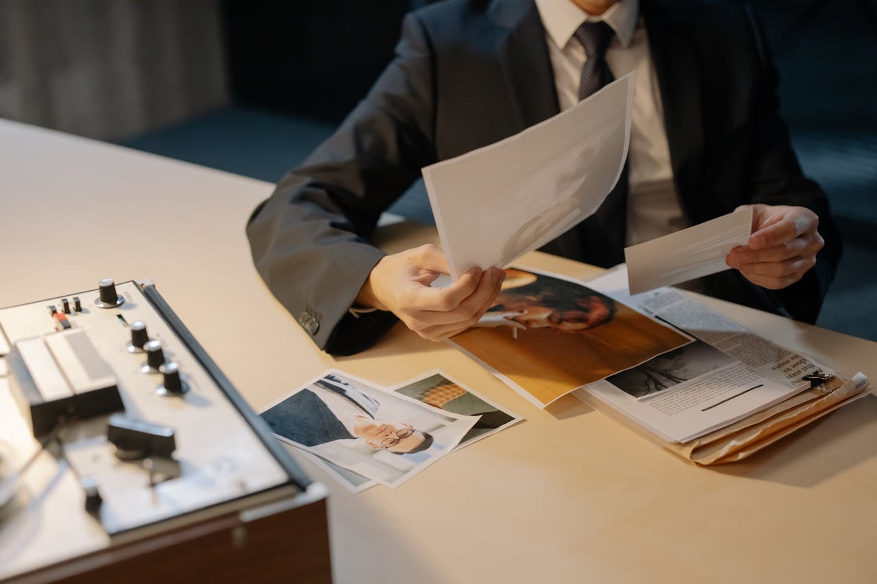 Close-up of a detective in a suit analyzing photographic evidence at a desk, suggesting investigation or inquiry.